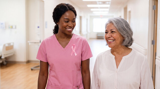 A Black nurse walks with a Hispanic senior patient in a bright hospital for Breast Cancer Awareness Month mobility support visuals.
