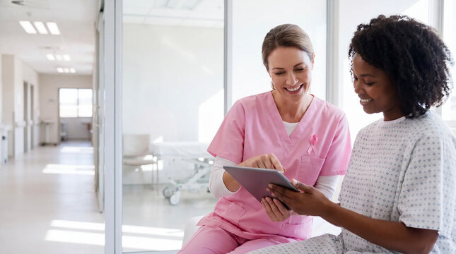 A White doctor and a Black patient review a tablet together during Breast Cancer Awareness Month for modern healthcare marketing.