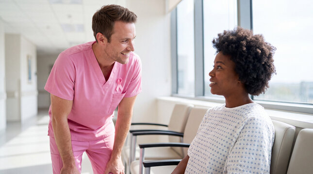 A White male nurse talks warmly with a Black patient during Breast Cancer Awareness Month for hospital patient care marketing.