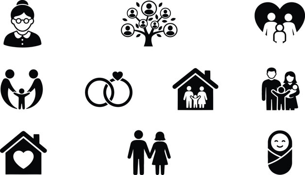 Family life and marriage silhouette icon set featuring tree house rings baby and grandmother.