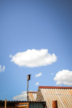 Wooden birdhouse on a tall pole above weathered rural rooftops beneath a bright blue summer sky