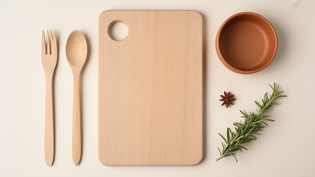 Wooden cutting board with spoon fork fresh herbs and ceramic bowl on neutral background