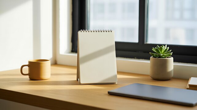 Minimal home office workspace with blank calendar laptop and plant beside window