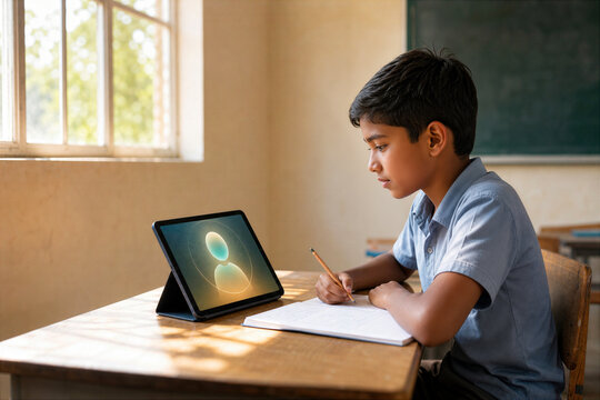 Ten-year-old student at wooden desk using tablet AI tutor with abstract humanoid interface in sunlit classroom personalized learning digital education adaptive learning public school