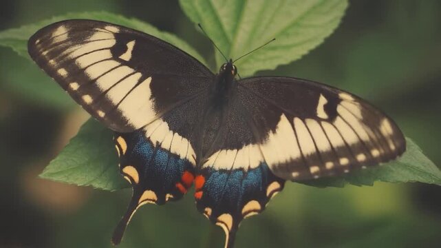 Exotic Butterfly on Lush Green Leaves in Tropical Setting.
