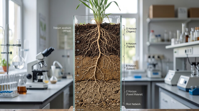 Plant roots growing in soil cross-section for science and agriculture research demonstration