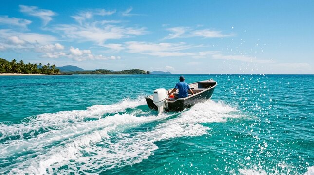 White outboard motor propelling small boat across turquoise tropical sea, foamy white wake trailing behind vessel heading toward palm-fringed island horizon