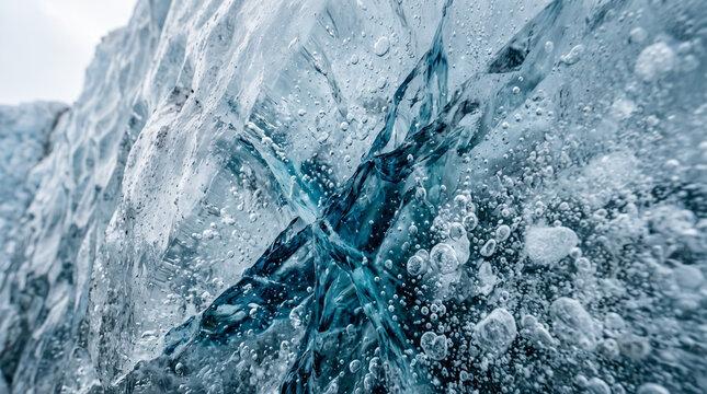 Close-up of translucent glacier ice with intricate blue vein patterns and frozen textures in winter landscape