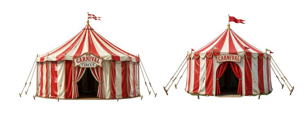 Two vintage red and white striped carnival circus tents isolated on transparent background © Farhan