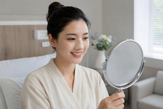 Satisfied Asian Patient Recovering After Nose Reshaping Surgery