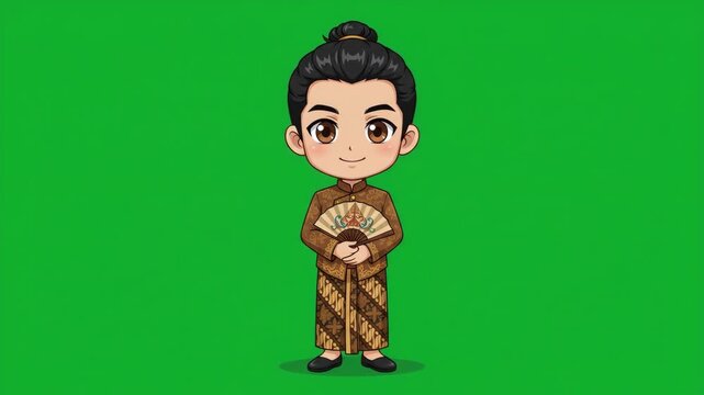 Cute cartoon character of a Javanese man in traditional batik clothing holding a fan, on a green screen background.