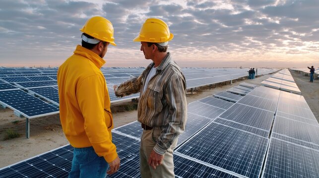 Solar Power Field Workers: Two engineers in hard hats inspect a vast array of solar panels under a dramatic sky, symbolizing renewable energy and sustainable development.