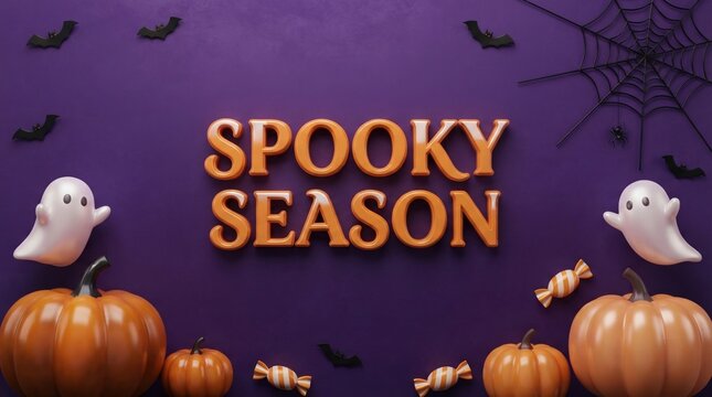 Spooky season text with cute ghosts and pumpkins for halloween design
