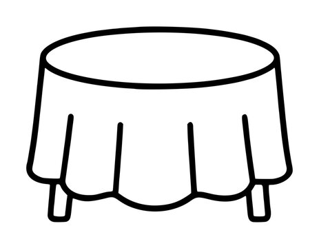 Elegant minimalist vector icon of a round dining table covered with a flowing draped tablecloth, ideal for restaurant menus, wedding event planning illustrations, or home interior design symbols.