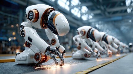 Fototapeta premium Robotic Precision: A line of advanced white robots with glowing orange accents performs intricate tasks on an assembly line, signifying innovation and the future of manufacturing.