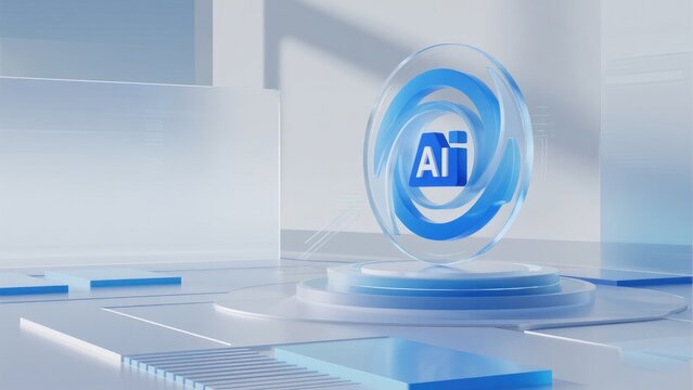 Futuristic AI technology symbol with blue circular interface on clean white background, idea for artificial intelligence, machine learning, automation and advanced digital computing concept