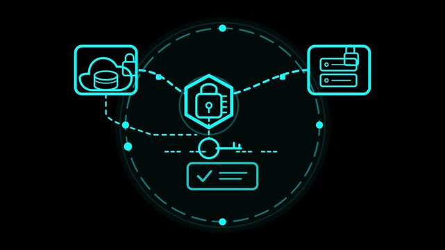 Futuristic Digital Cybersecurity Network Diagram with Glowing Neon Blue Icons Representing Cloud Data Protection and Encrypted Server Access