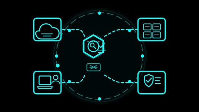 Cloud computing network diagram with neon cybersecurity icons digital data connectivity and search analytics system interface flow