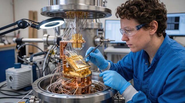 Female scientist adjusting complex electronic component with tweezers. Quantum computing research and advanced technology concept