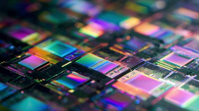 High angle macro view of silicon microchip wafer array with vibrant rainbow prismatic light reflections during precision semiconductor manufacturing process (AI Generated)