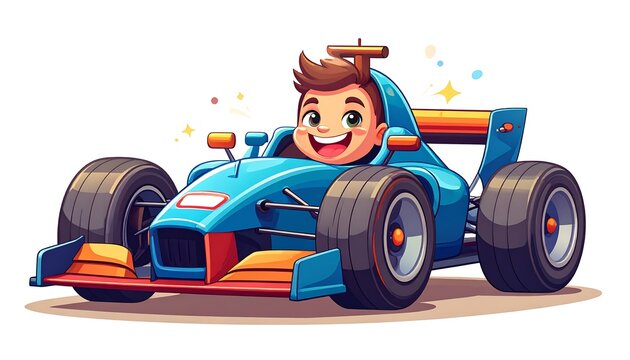 Cartoon boy driving colorful toy truck outdoors.