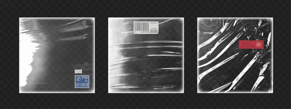 Vintage cd album plastic vinyl cover with paper sticker and price tag. Music record polyethylene wrap with overlay effect. 3d transparent sleeve film disc pack with shrink and barcode sign