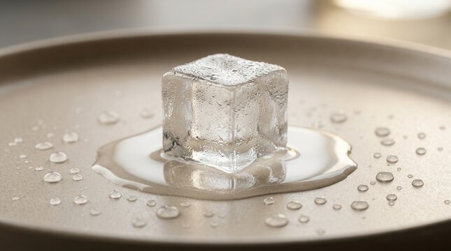 Phase change and temperature concept featuring an ice cube melting on a plate with condensation and water droplets
