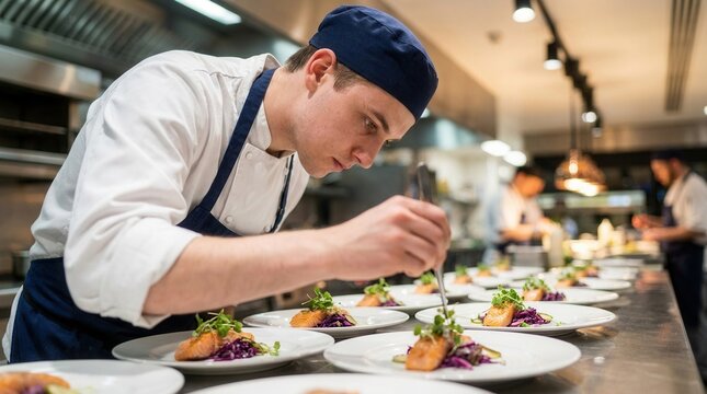 Artfully garnishing plates in the kitchen whirlwind, a sous chef dancing like a maestro