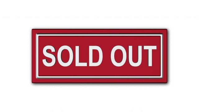 Three-dimensional red &ldquo;SOLD OUT&rdquo; sign with bold white lettering, a raised border, and subtle shadowing on a clean light gray background, representing unavailable products