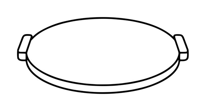 Minimalist vector icon of a round pizza stone with side handles for baking crispy crusts in the oven, simple black and white line art illustration for kitchenware and cooking design projects.