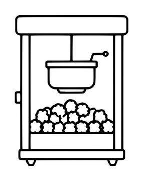 Minimalist vector icon illustration of a classic movie theater popcorn maker machine featuring a kettle and freshly popped kernels inside a glass case, perfect for cinema and snack themes.