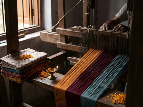 Traditional indian handloom weaving process with a lit diya lamp celebrating the festive spirit of diwali