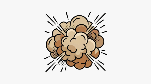 Retro comic book style explosion cloud illustration with halftone dot patterns and black outlines. Brown and tan dust puff with radial motion burst lines isolated on white.