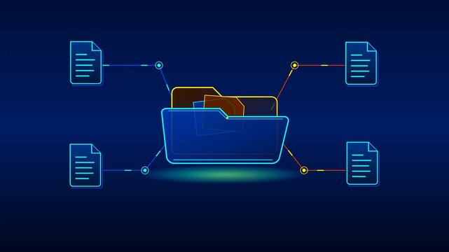 Neon folder icon with connected digital document files on a dark blue background