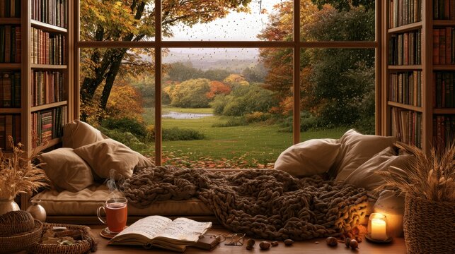 Autumn comfort and luxury in a cozy reading nook with a scenic view