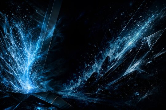 Blue energy particles and glowing shards on a dark abstract background