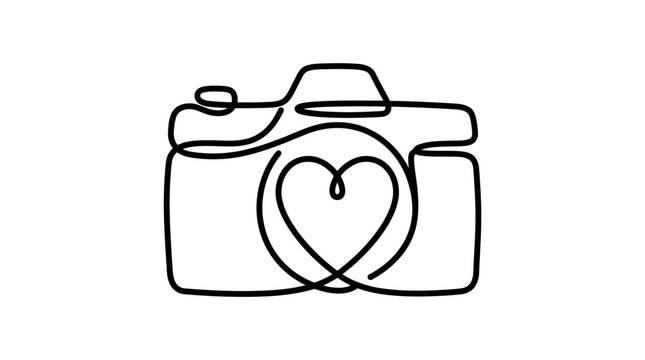 Minimalist line art camera illustration featuring a central heart shape drawn with smooth black strokes