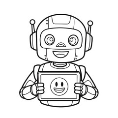 Obraz premium Cute robot character holding a tablet with a smiley face in a cheerful design funny cartoon android