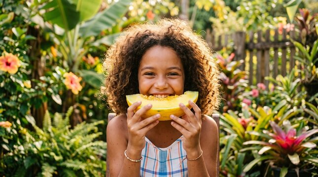 Joyful young girl with curly hair eating a slice of melon in a lush tropical garden during summer vacation brazilian tropical summer vacation