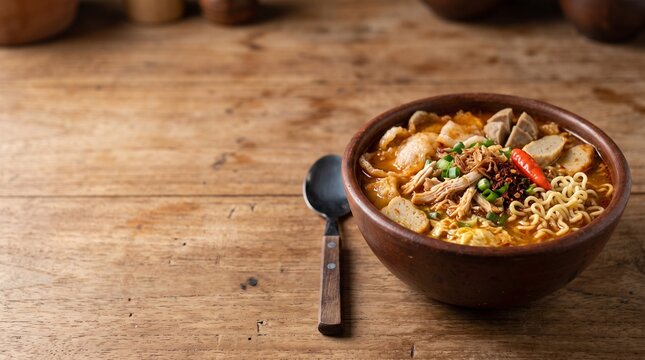 Authentic Indonesian Seblak Served in a Clay Bowl on Rustic Wooden Table Mockup