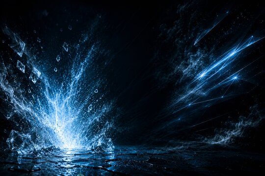 Blue energy burst with icy shards and glowing light trails on a dark background