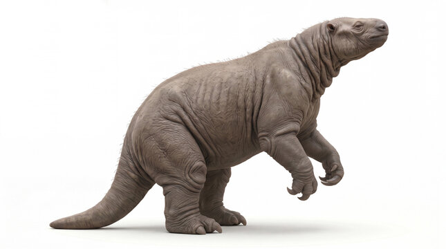 Megatherium americanum lateral head up, full-body prehistoric giant ground sloth standing in a natural lateral profile with its head raised upward, neck extended and muzzle elevated as if alert, scent