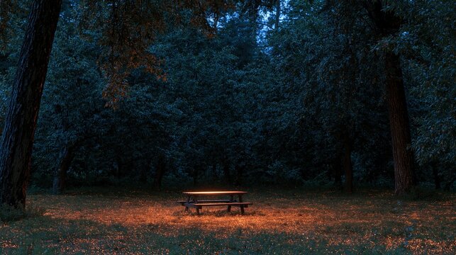 Illuminated picnic table in a dark forest clearing at dusk, surrounded by glowing grass