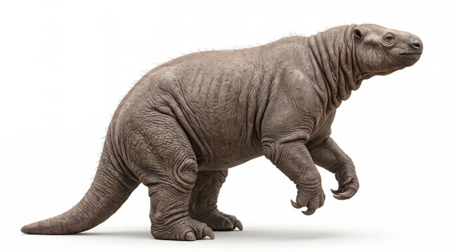 Megatherium americanum lateral view, full-body prehistoric giant ground sloth standing in a neutral natural lateral profile, complete body visible from head to tail, accurate anatomical proportions, m