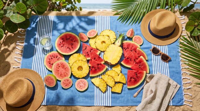Tropical Beach Picnic with Sliced Watermelon Pineapple Guava and Refreshing Drink on Striped Towel brazilian tropical summer vacation