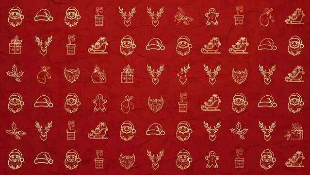 Red Christmas seamless pattern with golden outline holiday icons
