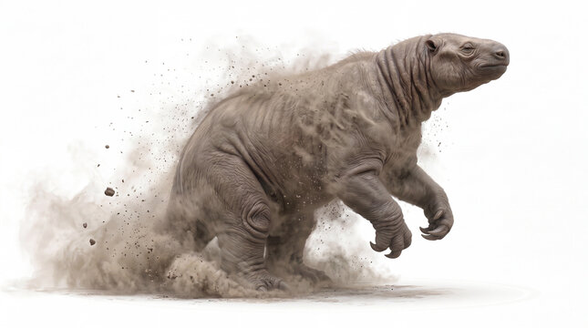 Megatherium americanum shaking off dust, prehistoric giant ground sloth vigorously shaking its massive body and dense fur to remove accumulated dust, dynamic full-body movement with fur visibly displa