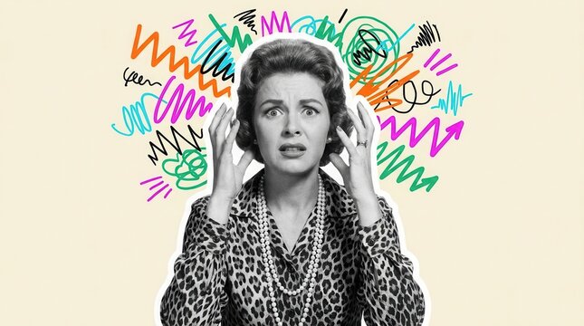 Confused woman in a conceptual collage with abstract scribbles, depicting idea overwhelm and emotional disruption.