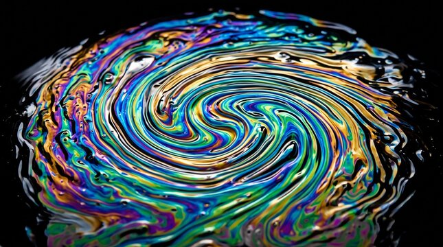 Iridescent oil slick swirl on black background, colorful liquid marble texture, psychedelic gasoline spill pattern for abstract backgrounds
