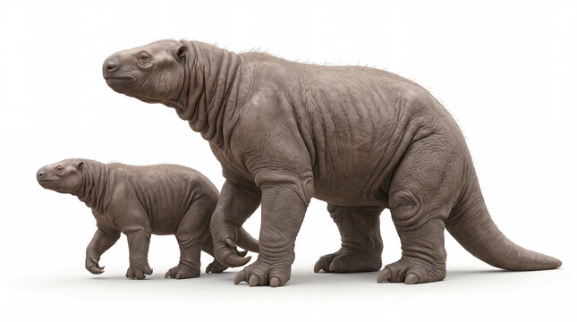 Megatherium americanum with a juvenile, prehistoric giant ground sloth adult standing beside a young juvenile, clearly showing the substantial difference in body size and proportions, natural close in